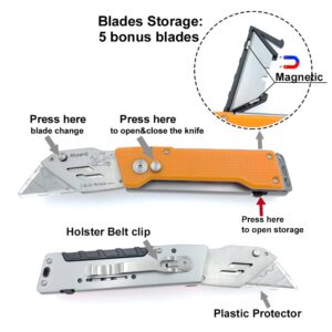 Maerd Heavy Duty Folding Utility Knife, Quick Change Box Cutter Pocket Knife with Frame Lock, Blade Storage in Handle with Extra 25 Blades Included, Razor Carpet Work Knives EDC with Belt Clip