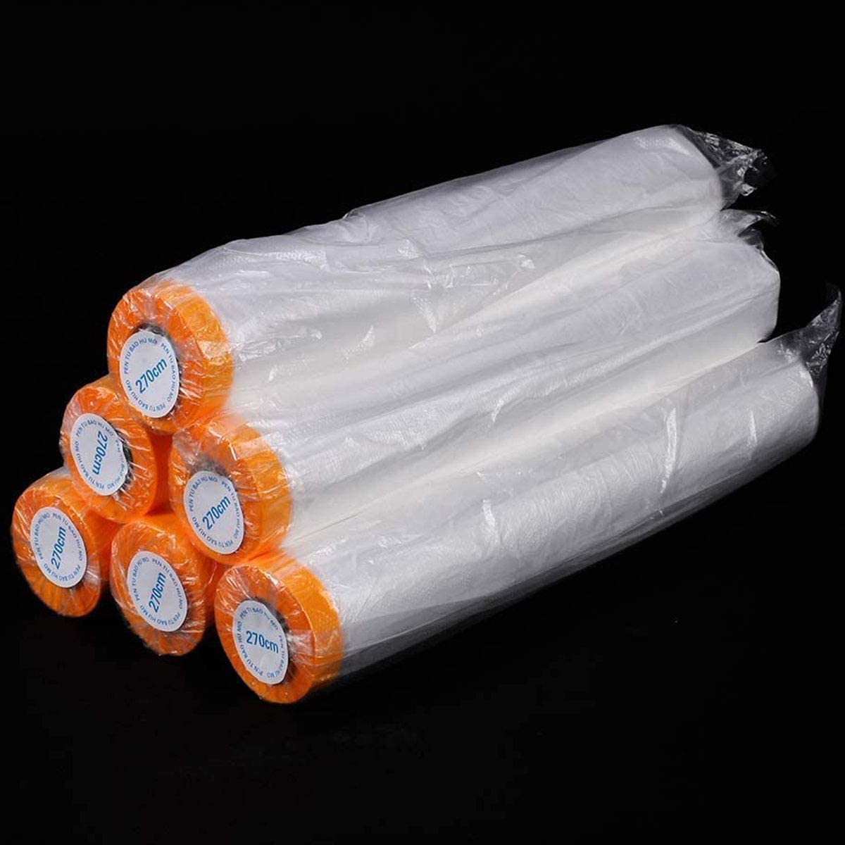 uyoyous 6 Rolls Plastic Painting Film, 9 x 67 ft Pre Taped Masking Paper, Plastic Masking Film, Tape and Drape Painters Paper Rolls for Automotive Furniture Painting Covering