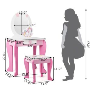 MAT EXPERT Kids Vanity Set with Stool & Mirror, Toddler Girls Pretend Play Vanity w/Detachable Mirror, Princess Dressing Makeup Table Set w/Drawer, Makeup Table and Stool Playset for Girls (Pink)