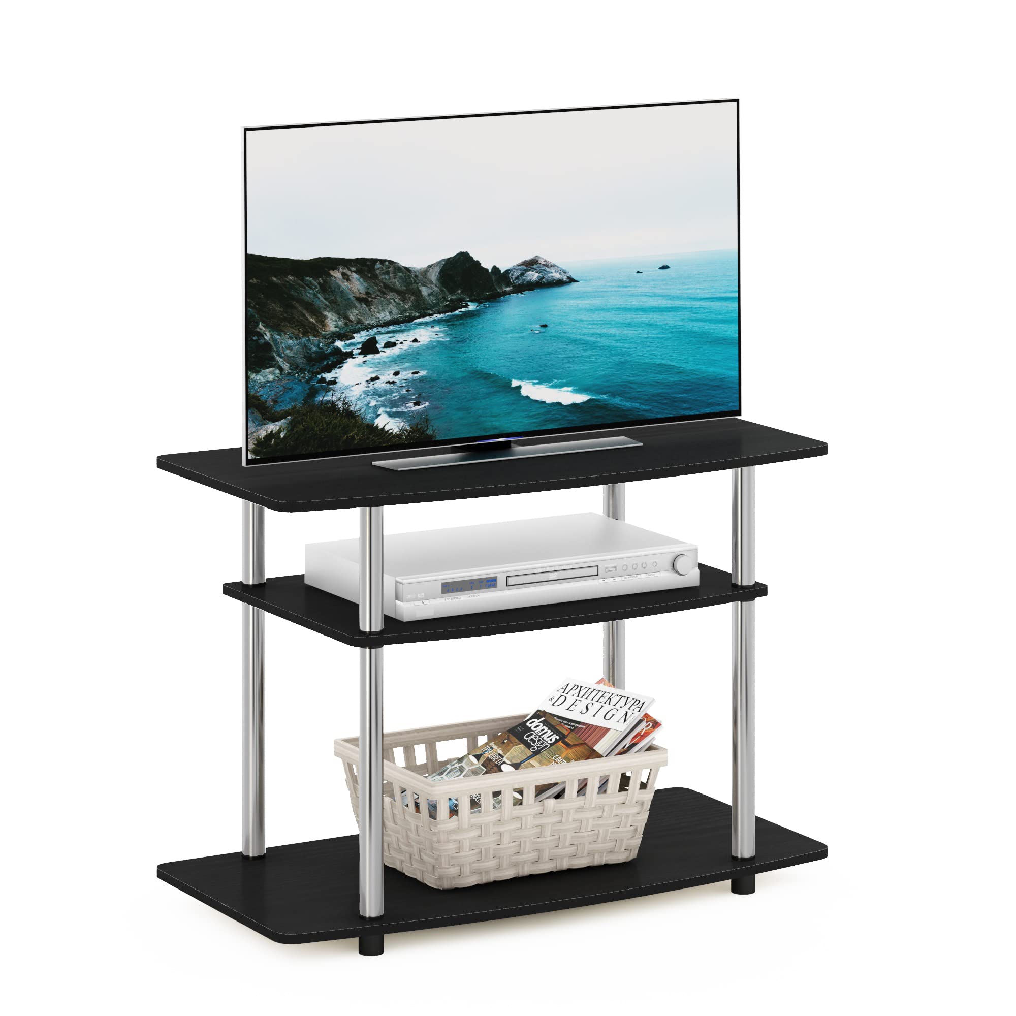 Furinno Turn-N-Tube No Tools 3-Tier Entertainment Center TV Stand for TV up to 32 Inch, Stainless Steel Tubes, Americano/Chrome