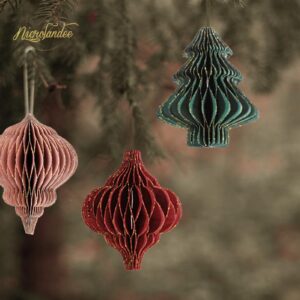 NICROLANDEE Christmas Party Decorations - 6 PCS 3D Mini Glitter Edge Paper Honeycomb Lantern Green, Red, Brown, Ivory, Gray Hanging Ornaments for Christmas Tree Décor, New Years Party, Home Decor