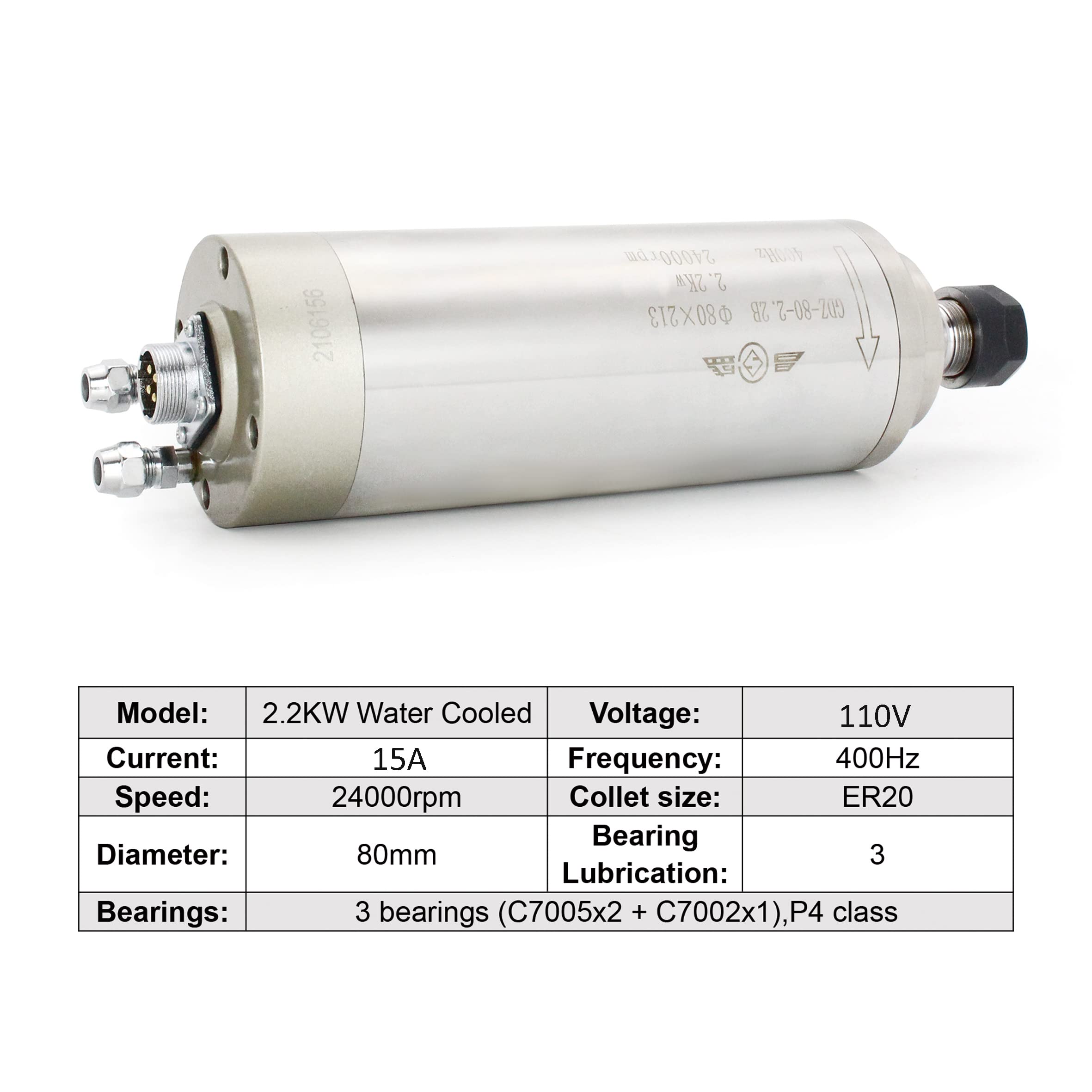 RATTMMOTOR 2.2KW Spindle Motor 110V, CNC Water Cooled Spindle Motor 80mm, 24000RPM High Speed Spindle Motor ER20 Collet 15A 400HZ for CNC Router Machine, CNC Engraver Milling Machine