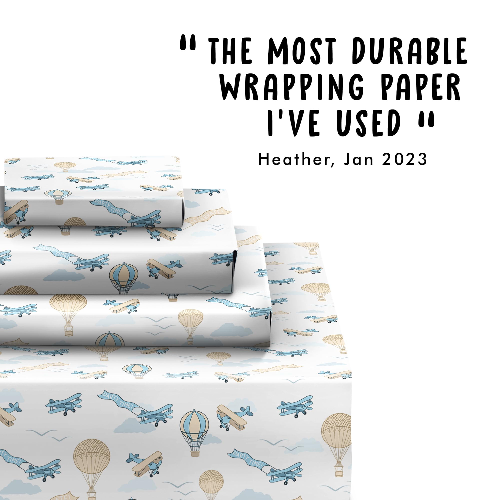 Airplanes Wrapping Paper for Boys - 6 Sheets of Retro Gift Wrap for Him - Hot Air Balloons - Pastel Blue - Planes - Birthday - Bridal Shower - Christmas - For Kids Children - Made in the UK