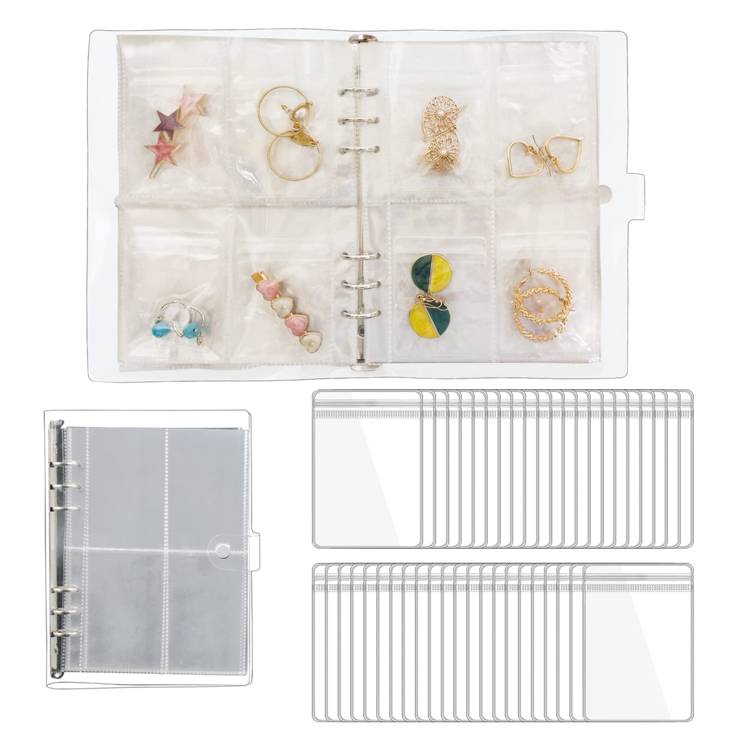 LingLingo Earring Organizer Travel Jewelry Case Container Transparent Jewelry Storage Book Bag for Ring, Necklace, Bracelets, Stud (96 Grids + 96 Small Thicken PVC Zipper Bags)