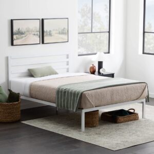 edenbrook cassidy metal platform bed frame with metal headboard - box spring not required - wood slat support, white, queen