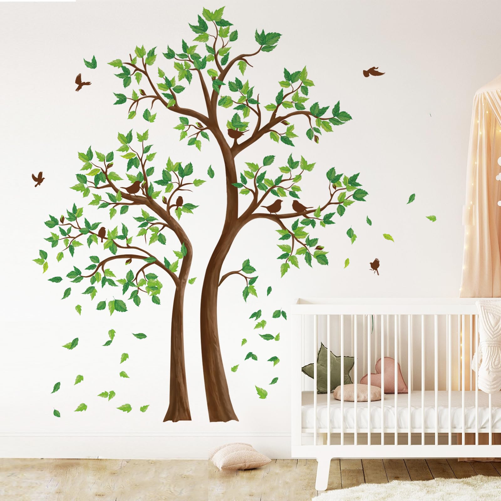 decalmile Green Tree Wall Stickers Flying Leaves Birds Wall Decals Bedroom Living Room Sofa TV Background Wall Decor