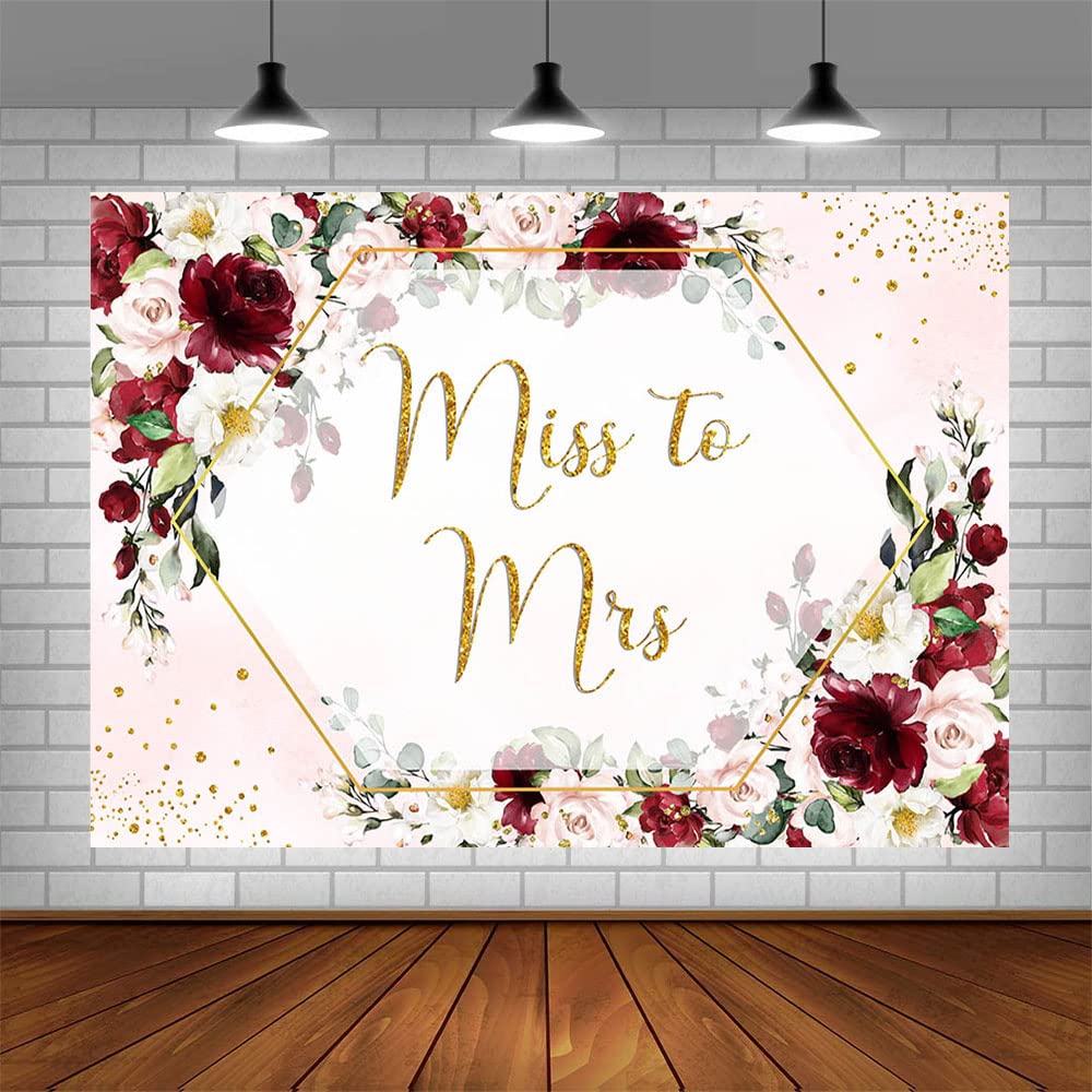 ABLIN 7x5ft Miss to Mrs Backdrop for Bridal Shower Burgundy Red Flowers Photography Background Wedding Bridal Shower Decorations Bride to Be Engagement Party Banner Props