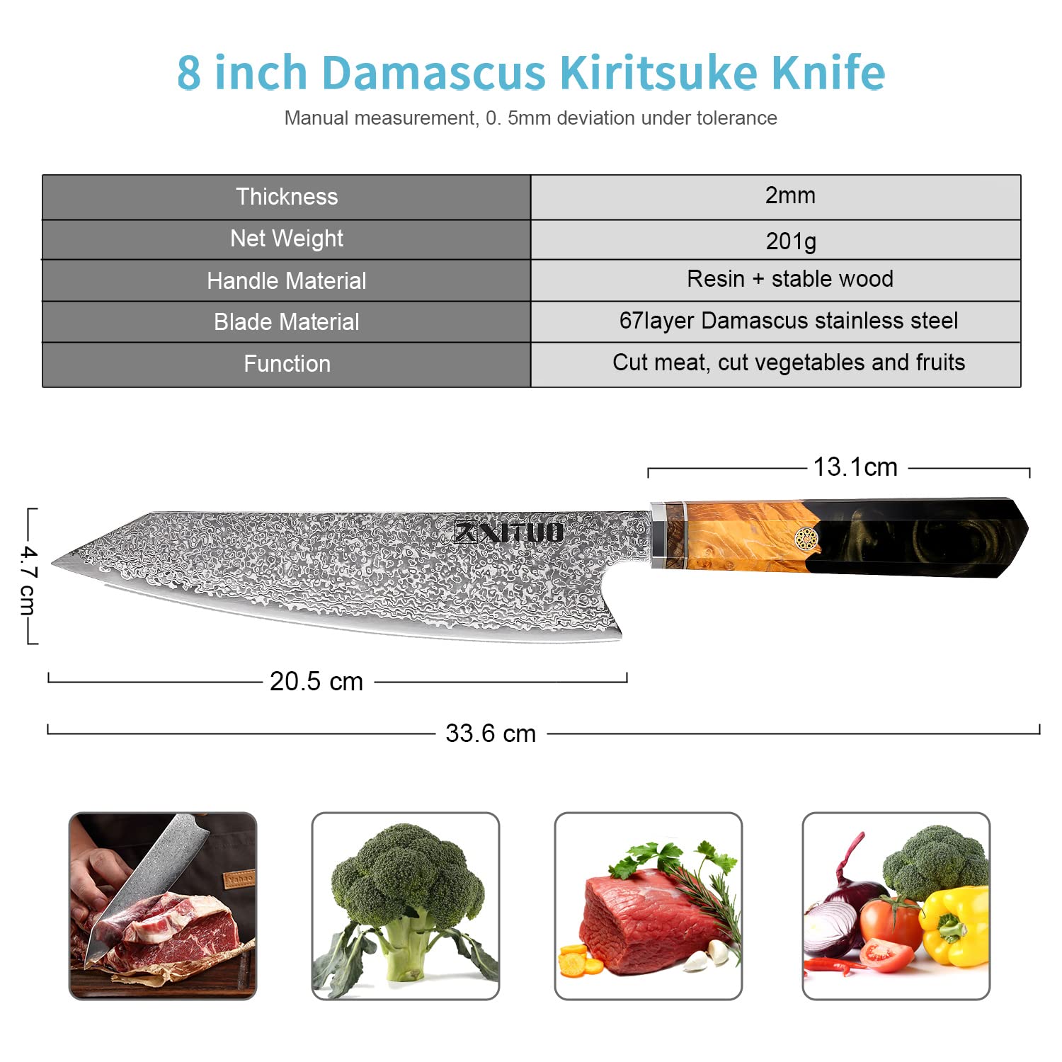 XT XITUO Kiritsuke Chef Knife,8 inch kitchen Knives Japanese VG10 Steel Damascus Kitchen Meat Sushi Cutting Cleaver Knife w/octagon Black Resin handle Gift Box… (Black-8'' Kiritsuke Knife)