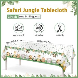 Lopeastar 3Pieces Jungle Safari Tablecloths Animal Print Table Cover, Sage Green Baby Shower Decorations Zoo Birthday Party Supplies for Boys Kids Plastic Table Cloth 108×54 Inch