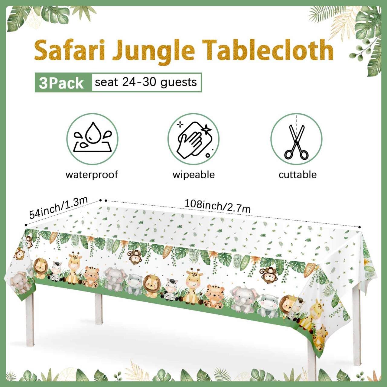 Lopeastar 3Pieces Jungle Safari Tablecloths Animal Print Table Cover, Sage Green Baby Shower Decorations Zoo Birthday Party Supplies for Boys Kids Plastic Table Cloth 108×54 Inch