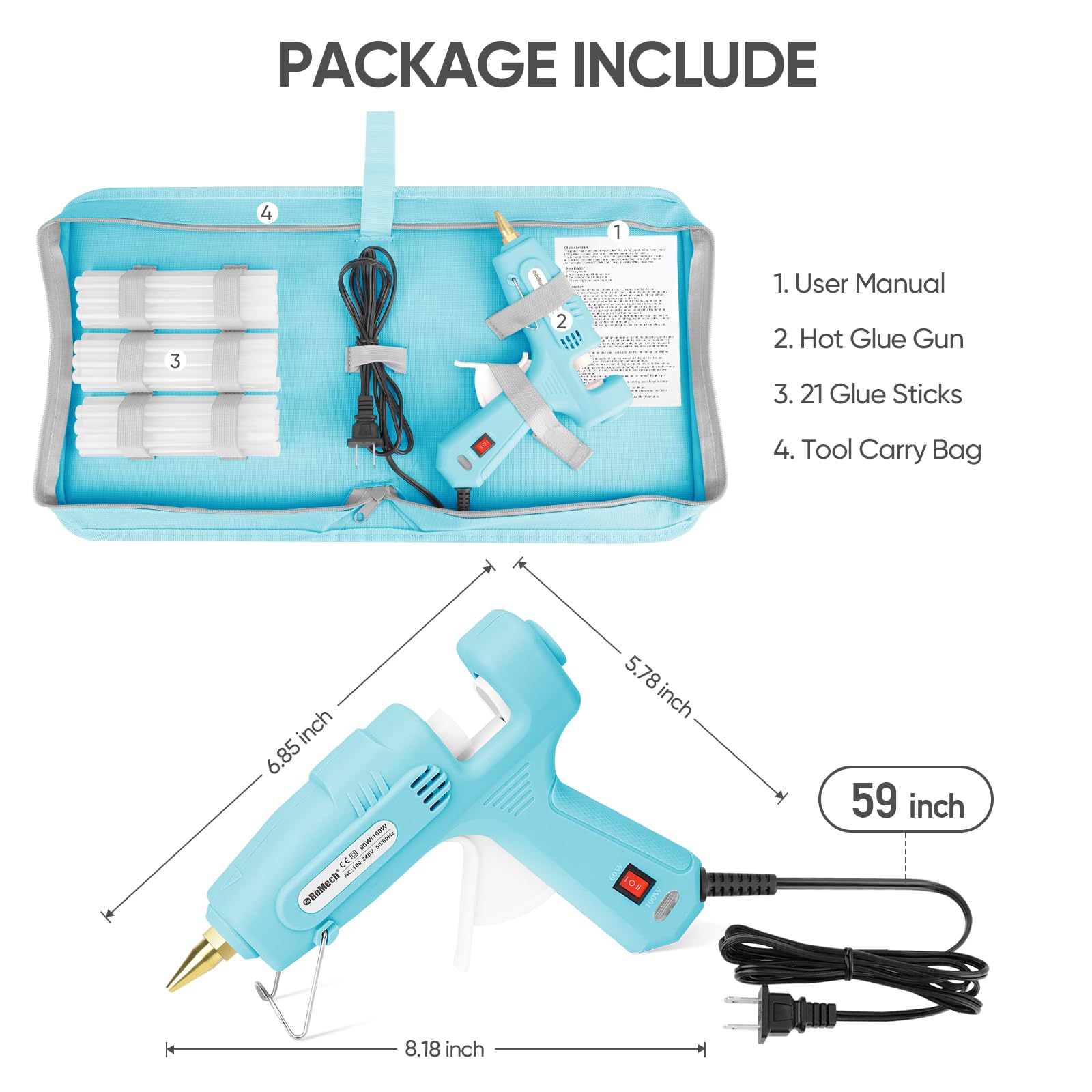 ROMECH Full Size Hot Glue Gun with 60/100W Dual Power and 21 Hot Glue Sticks (7/16"), Fast Preheating Heavy Duty Industrial Gluegun with Storage Case for Crafting, DIY and Repairs (Cyan)