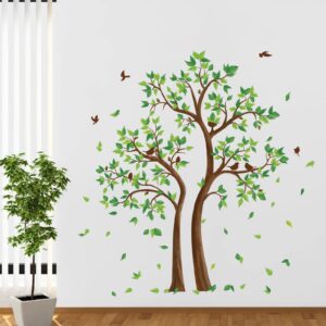 decalmile Green Tree Wall Stickers Flying Leaves Birds Wall Decals Bedroom Living Room Sofa TV Background Wall Decor