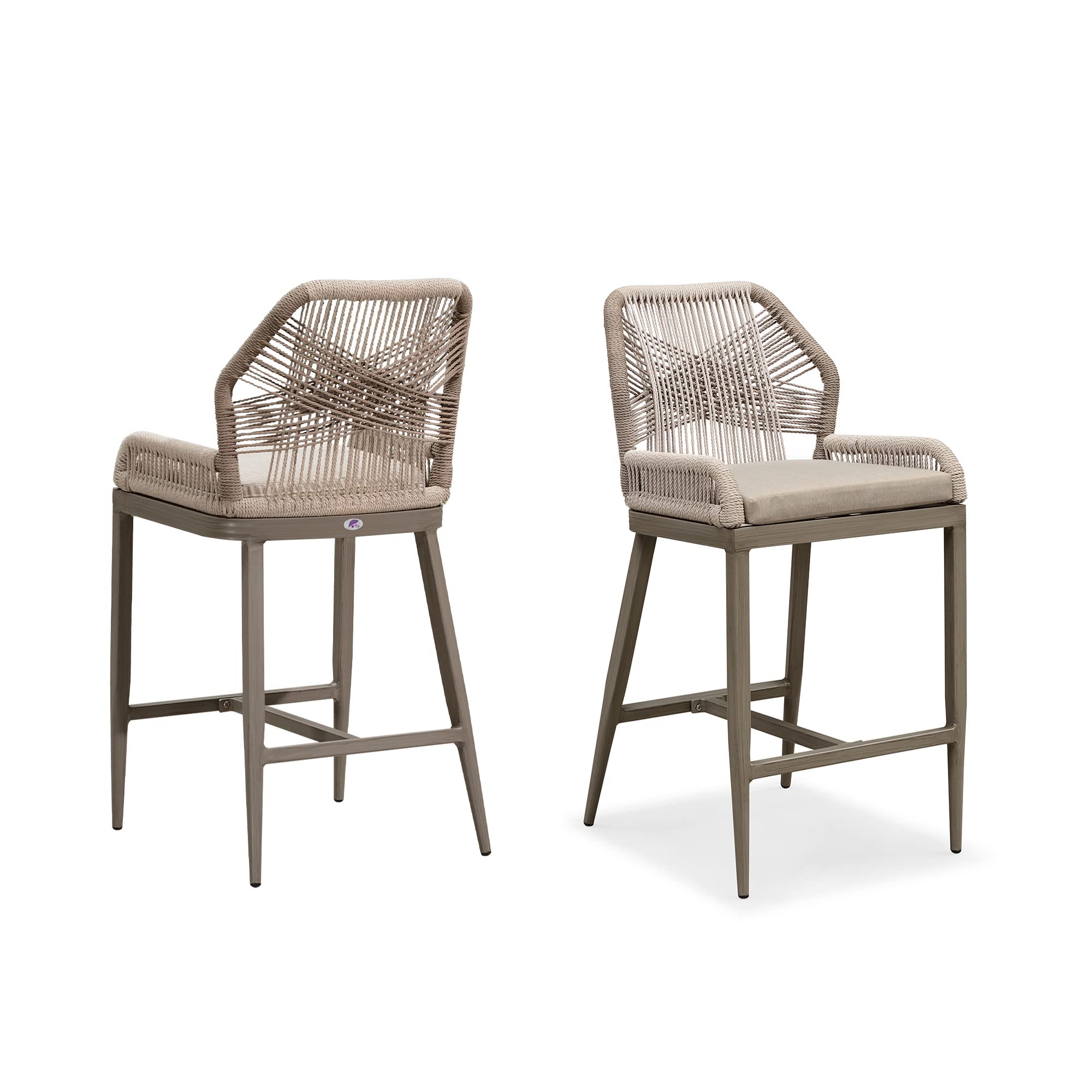 PURPLE LEAF Counter Height Bar Stools Set of 2 Rattan Woven Aluminum Modern Barstools with Back and Arms for Patio Balcony Pool Outdoor Accent Counter Stool Chairs