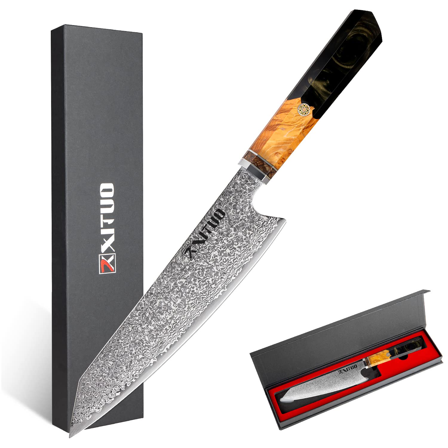 XT XITUO Kiritsuke Chef Knife,8 inch kitchen Knives Japanese VG10 Steel Damascus Kitchen Meat Sushi Cutting Cleaver Knife w/octagon Black Resin handle Gift Box… (Black-8'' Kiritsuke Knife)