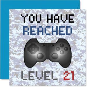 stuff4 21st gamer birthday card – you have reached level 21" – fun video game themed greeting cards for boys, daughters & men - 5.7 x 5.7 inch, blank inside, includes envelope – ideal for gamers