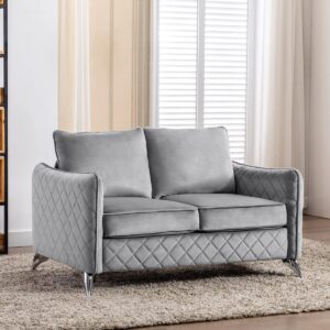 Artechworks Velvet Loveseat Sofa Couch Mid Century Modern, Tufted Upholstery, Reception Love Seats,2-Seat Chair Couch,Office,Home,Bedroom,Livingroom, Apartment, Silver Tone Metal Legs, Grey