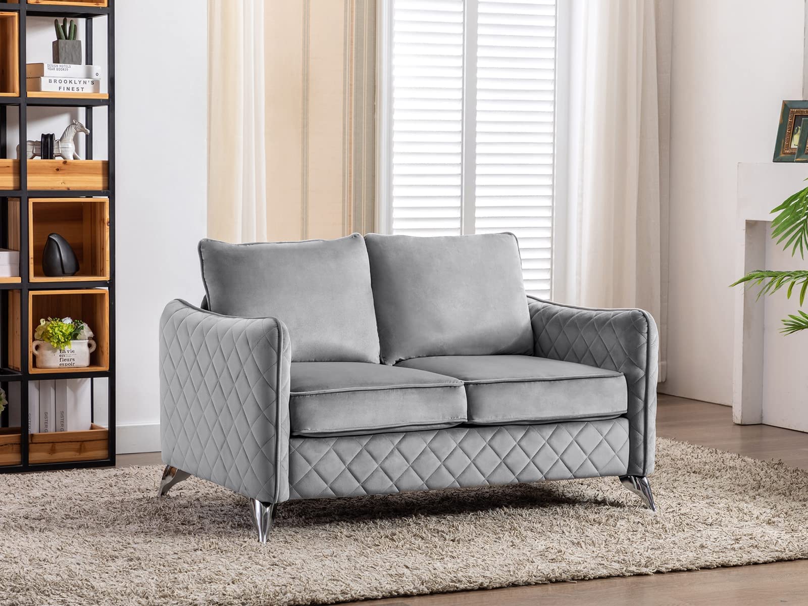 Artechworks Velvet Loveseat Sofa Couch Mid Century Modern, Tufted Upholstery, Reception Love Seats,2-Seat Chair Couch,Office,Home,Bedroom,Livingroom, Apartment, Silver Tone Metal Legs, Grey