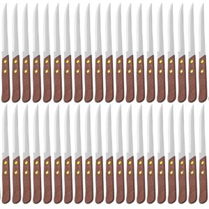 Tezzorio (Pack of 48) Serrated-Edge Pointed-Tip Steak Knives, 4-1/2-Inch Stainless Steel Blade Steak Knives with Wooden Handles for Restaurant