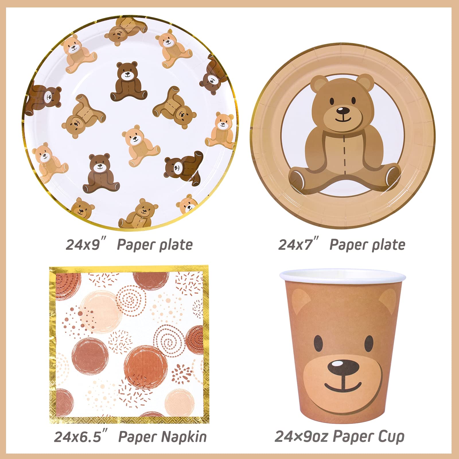 Brown Teddy Bear Baby Shower Plates - Teddy Bear Paper Plates,Disposable Cups,Napkin with Firework Pattern in Golden Border for 24 Teddy Bear Theme Party Supplies ,Baby Shower Wedding Birthday Party