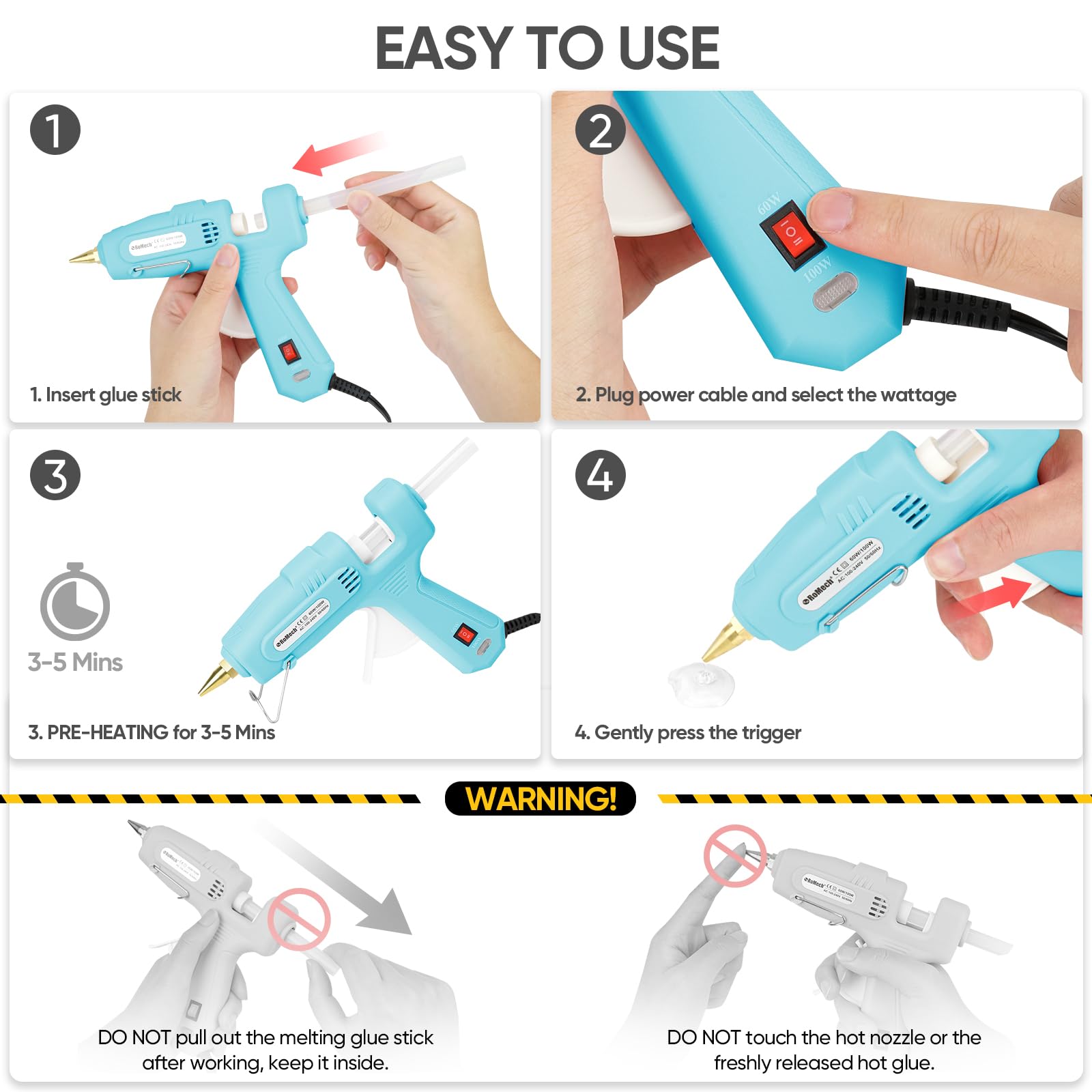 ROMECH Full Size Hot Glue Gun with 60/100W Dual Power and 21 Hot Glue Sticks (7/16"), Fast Preheating Heavy Duty Industrial Gluegun with Storage Case for Crafting, DIY and Repairs (Cyan)