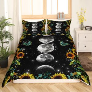 Sunflower Bedding Set Queen Size,Moon Planet Starry Sky Galaxy Universe Duvet Cover with 2 Pillowcases,Floral Trippy Comforter Cover for Kids Teens Boys Girls Adults Room Decor,Soft Black Quilt Cover