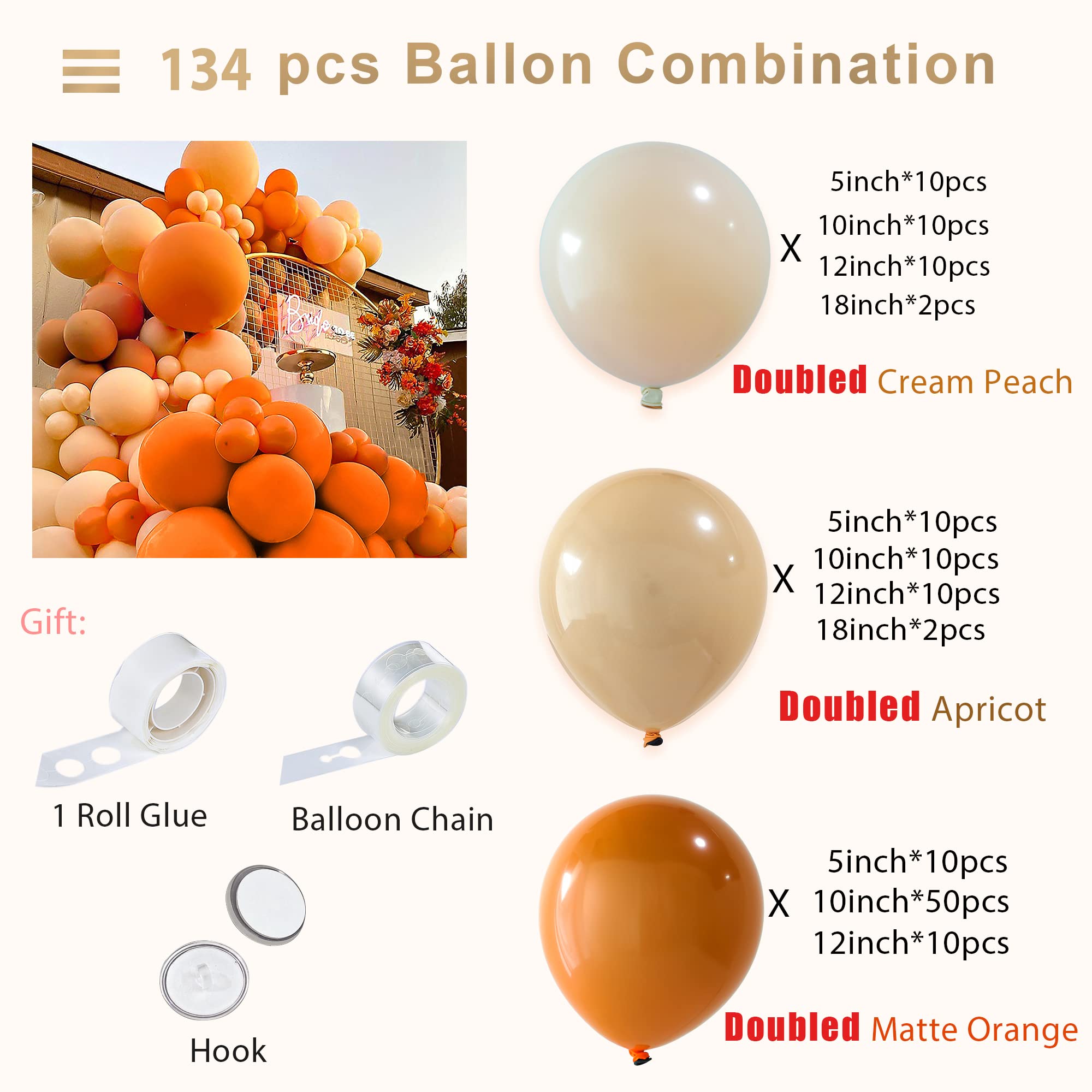 DIY 134Pcs Neutral Double-Stuffed Balloon Garland Arch Kit, Boho Garland Double Layer Matte Orange Cream Peach Apricot Balloons Set for Wedding Birthday Baby Shower Balloons Party Decorations