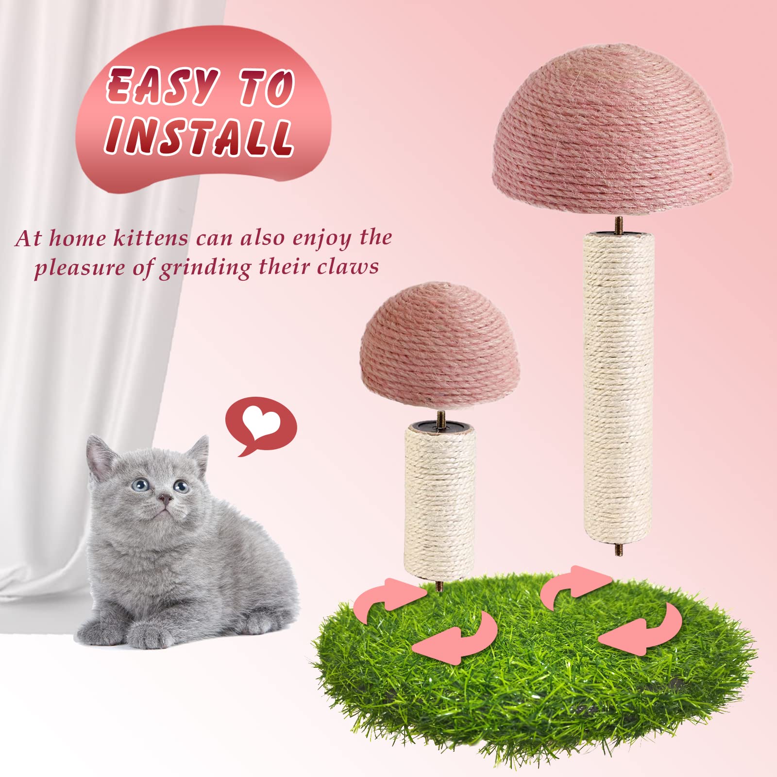 Lihaobm Cat Scratching Post - Mushroom Cat Scratcher Featuring with Natural Sisal Caps Scratch Pole and Sturdy Base for Kittens & Small Cats - Pink