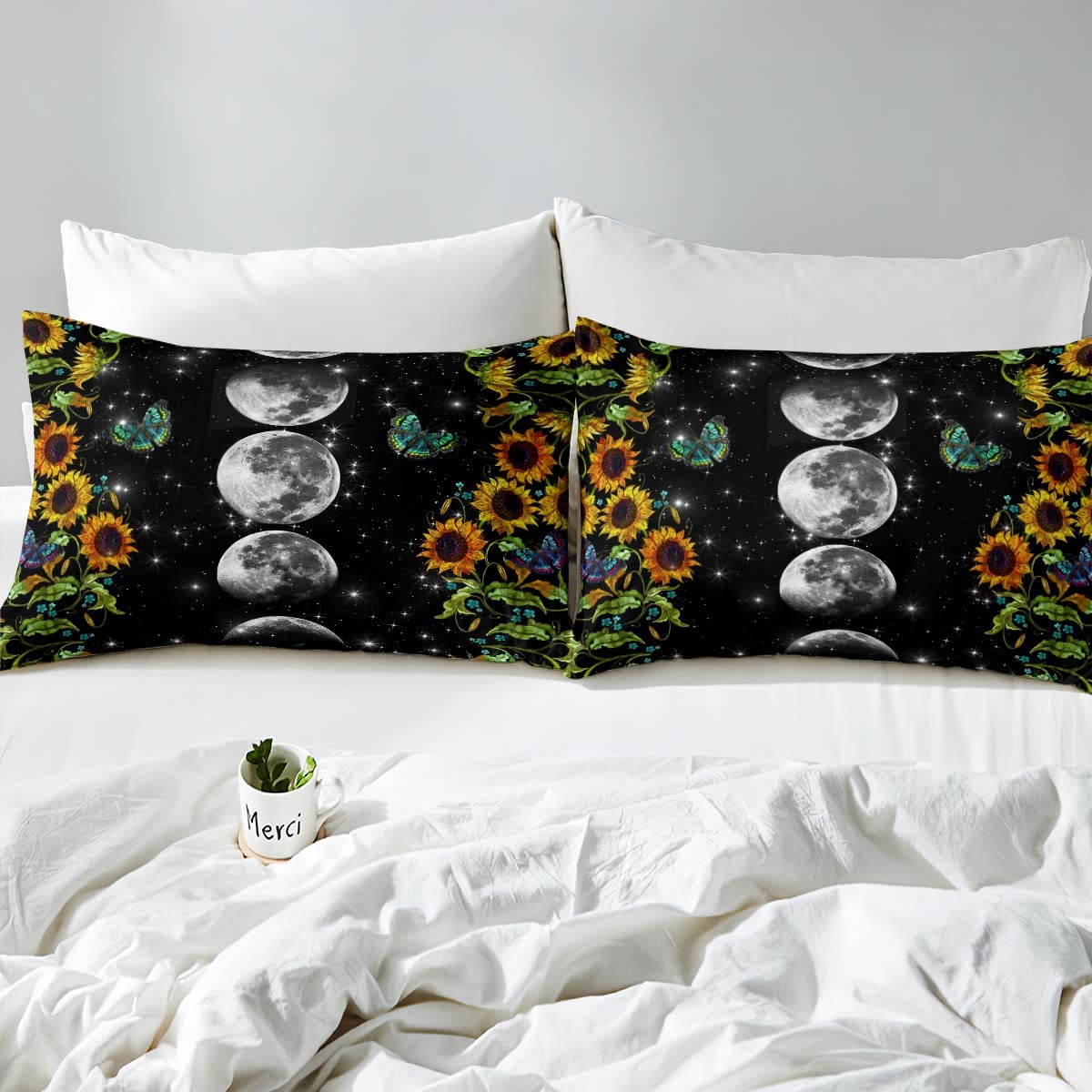 Sunflower Bedding Set Queen Size,Moon Planet Starry Sky Galaxy Universe Duvet Cover with 2 Pillowcases,Floral Trippy Comforter Cover for Kids Teens Boys Girls Adults Room Decor,Soft Black Quilt Cover