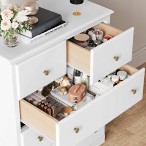 HOUSUIT Dresser with 5 Drawers, Tall Dresser Chest of Drawers, 5 Drawer Dresser with Deep Space, Wood Dresser Storage Cabinet for Living Room, Hallway, Entryway, Office, White