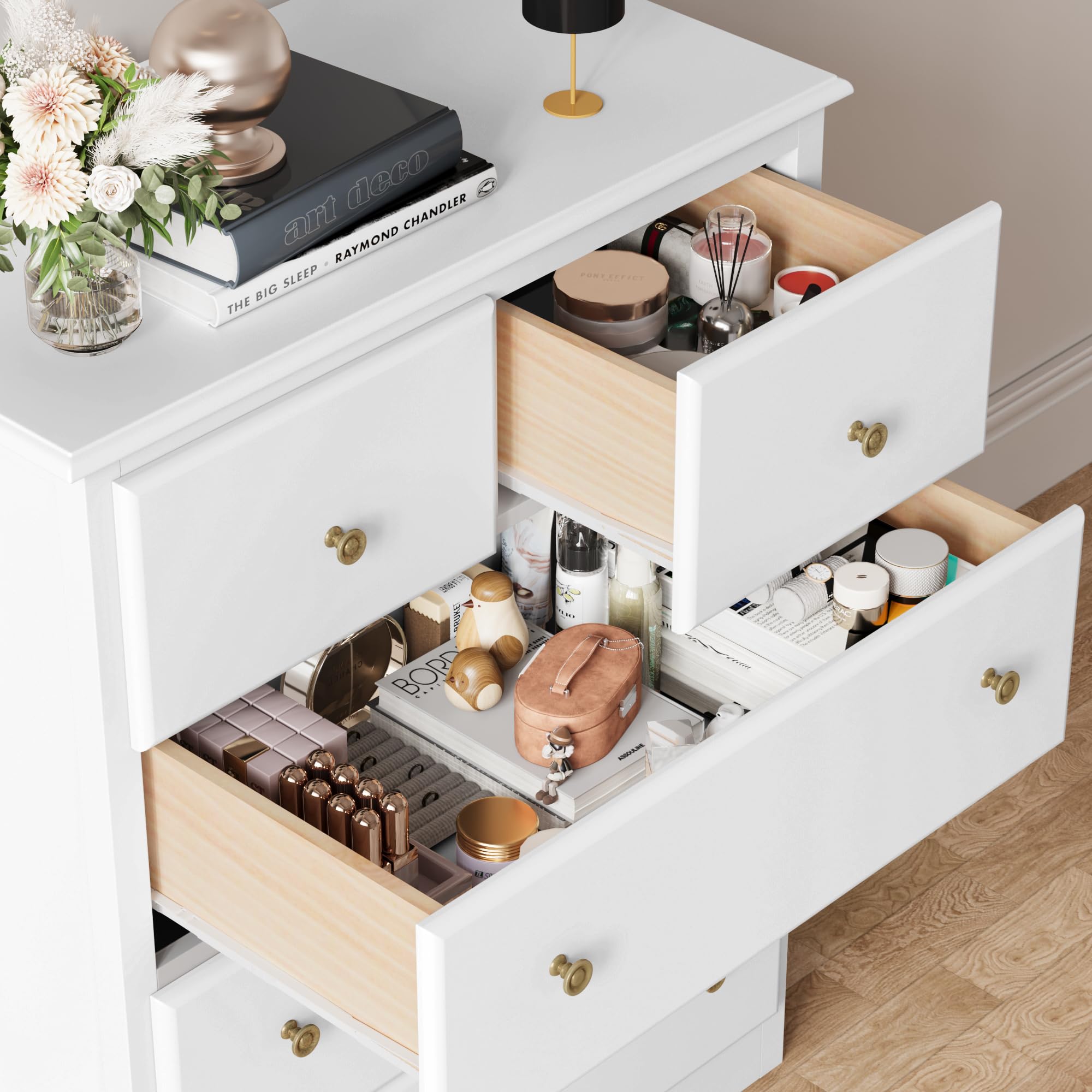 HOUSUIT Dresser with 5 Drawers, Tall Dresser Chest of Drawers, 5 Drawer Dresser with Deep Space, Wood Dresser Storage Cabinet for Living Room, Hallway, Entryway, Office, White