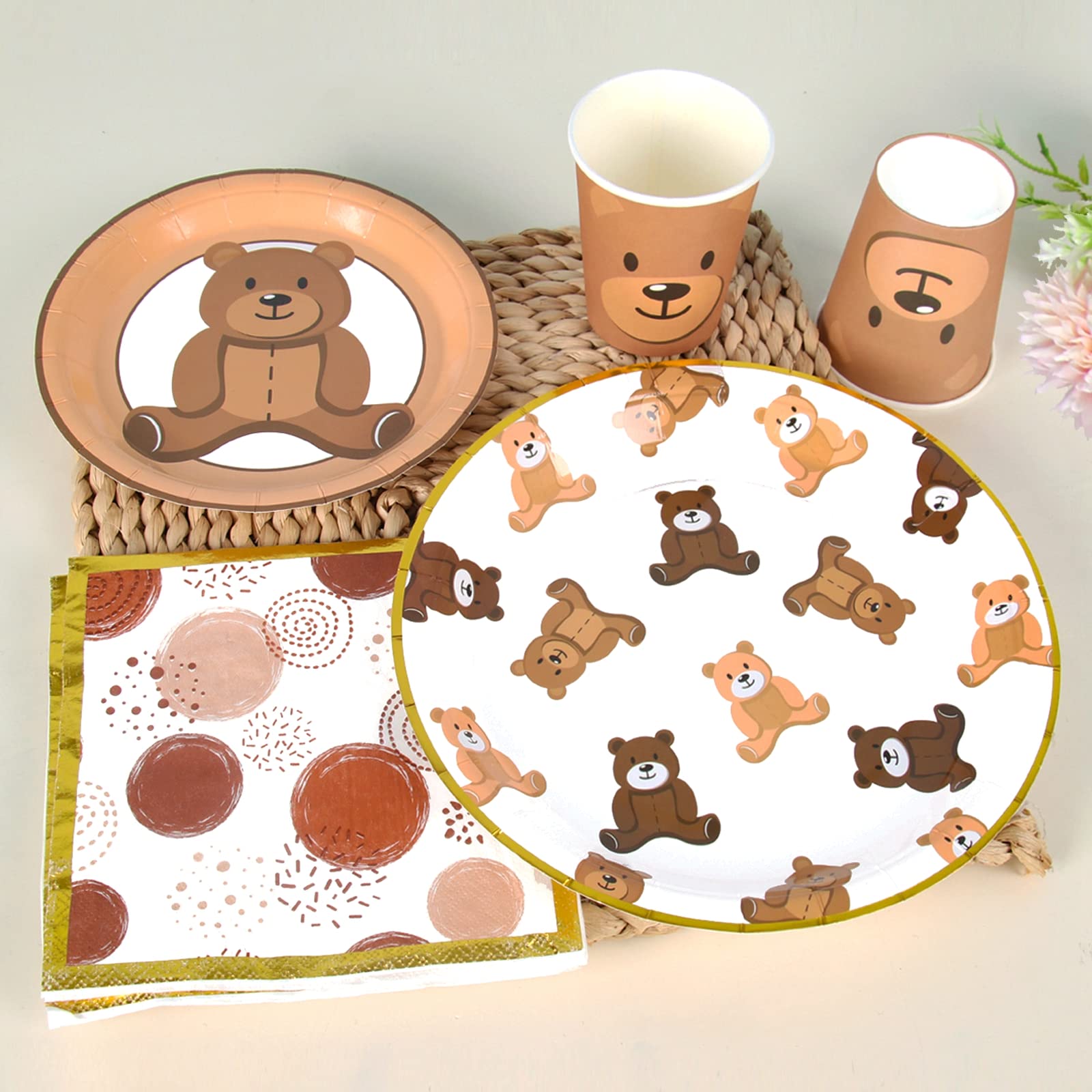 Brown Teddy Bear Baby Shower Plates - Teddy Bear Paper Plates,Disposable Cups,Napkin with Firework Pattern in Golden Border for 24 Teddy Bear Theme Party Supplies ,Baby Shower Wedding Birthday Party