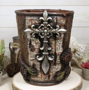 ebros gift rustic southwestern inspirational le fleur cross with birch and pinecones bathroom accessory resin sculpture fleur de lis accent (dry waste basket trash bin)