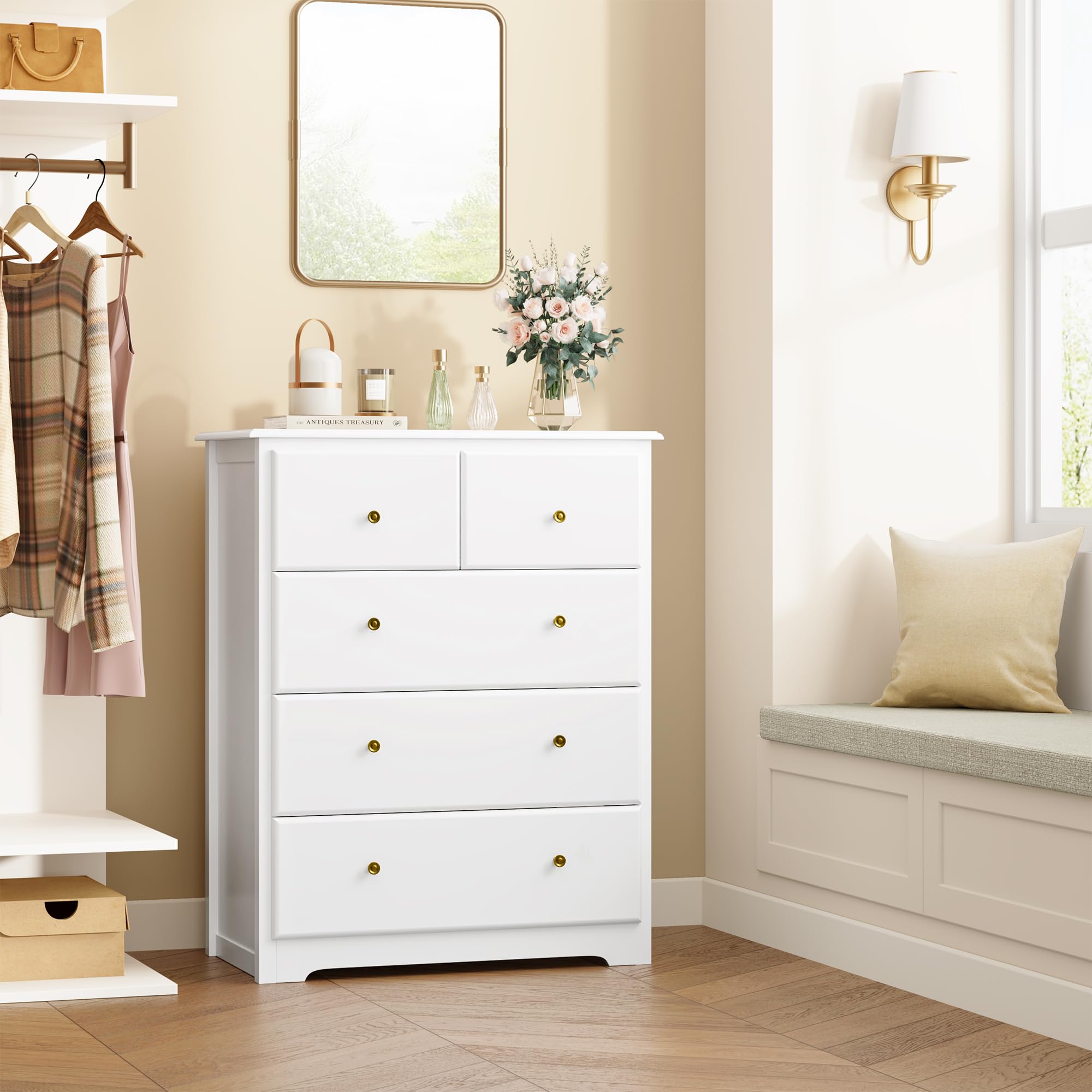 HOUSUIT Dresser with 5 Drawers, Tall Dresser Chest of Drawers, 5 Drawer Dresser with Deep Space, Wood Dresser Storage Cabinet for Living Room, Hallway, Entryway, Office, White