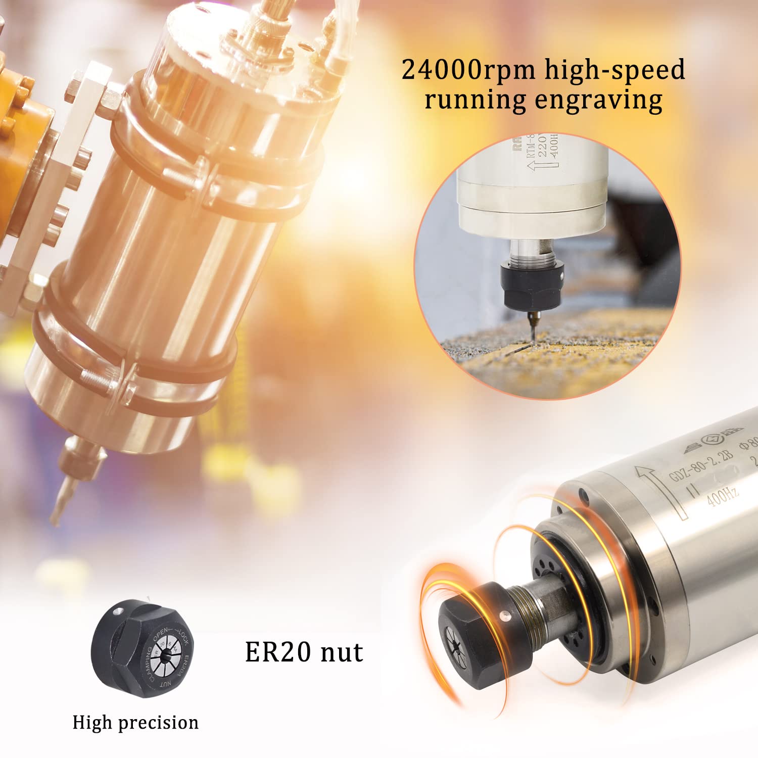 RATTMMOTOR 2.2KW Spindle Motor 110V, CNC Water Cooled Spindle Motor 80mm, 24000RPM High Speed Spindle Motor ER20 Collet 15A 400HZ for CNC Router Machine, CNC Engraver Milling Machine