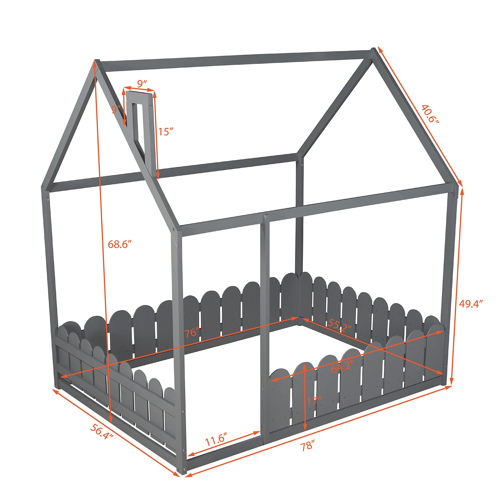 MERITLINE House Bed Full Size Playhouse Bed Frame with Roof Full Kids Bed for Girls Boys, Box Spring Needed, Grey