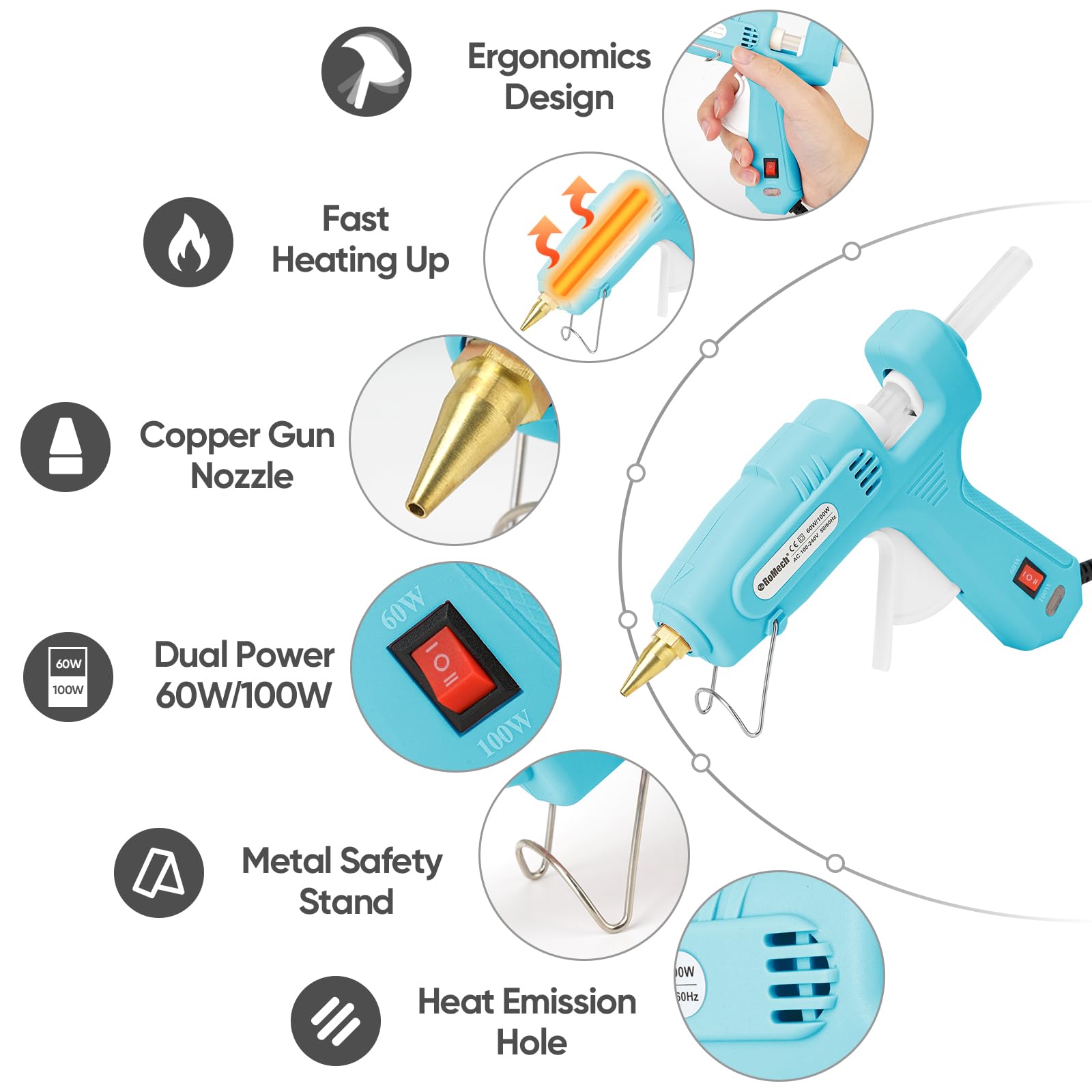 ROMECH Full Size Hot Glue Gun with 60/100W Dual Power and 21 Hot Glue Sticks (7/16"), Fast Preheating Heavy Duty Industrial Gluegun with Storage Case for Crafting, DIY and Repairs (Cyan)