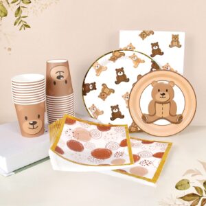 Brown Teddy Bear Baby Shower Plates - Teddy Bear Paper Plates,Disposable Cups,Napkin with Firework Pattern in Golden Border for 24 Teddy Bear Theme Party Supplies ,Baby Shower Wedding Birthday Party