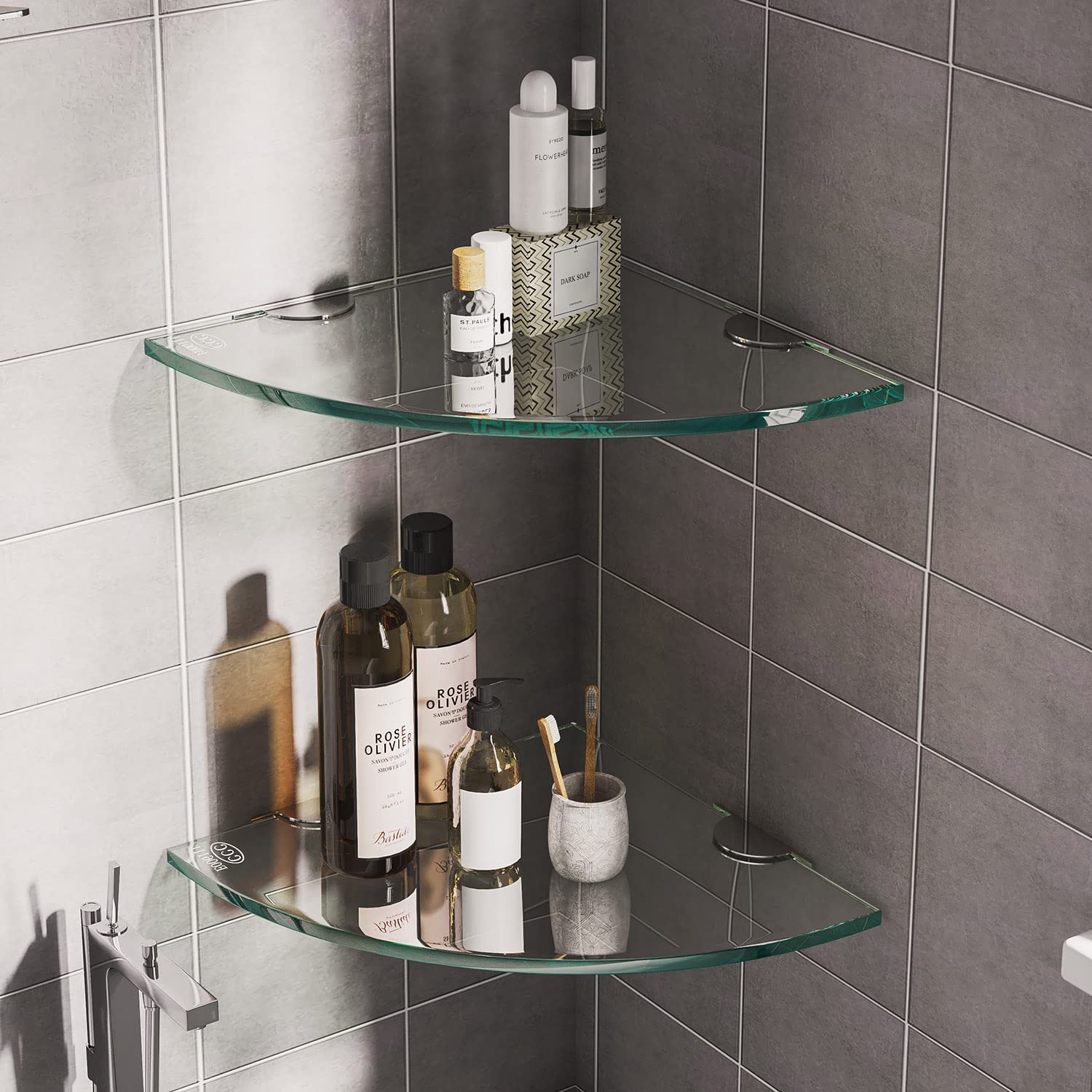 FesGif 2 Pack Glass Corner Shelf for Bathroom Shower Caddy Basket Shelf Shampoo Holder Storage Organizer No Drilling Adhesive Wall Mounted Bathroom Shelf Floating Extra Thick Tempered Glass Shelves