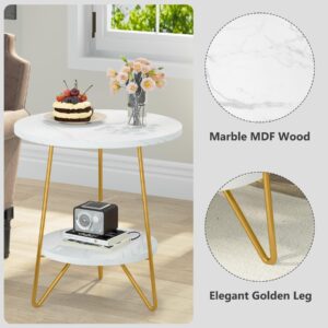 Tribesigns Faux Marble End Table, 2 Tier Round Side Table with Shelves, Modern Gold Nightstand Bedside Table Small Coffee Accent Table for Living Room Bedroom, White and Gold