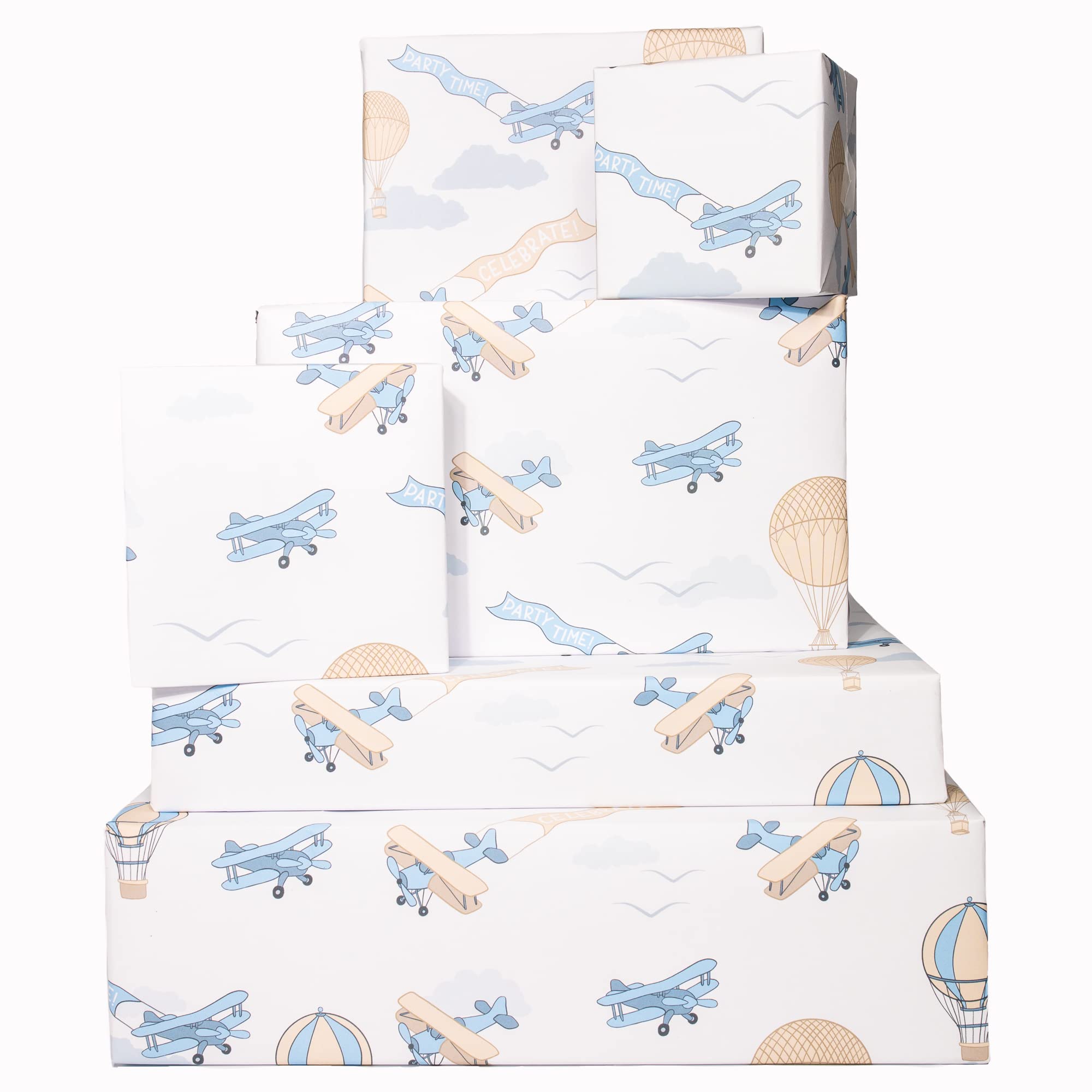 Airplanes Wrapping Paper for Boys - 6 Sheets of Retro Gift Wrap for Him - Hot Air Balloons - Pastel Blue - Planes - Birthday - Bridal Shower - Christmas - For Kids Children - Made in the UK