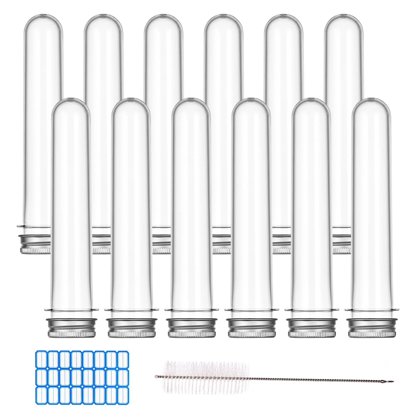 LABALPHA 12Pcs PET Plastic Test Tubes with Screw Caps for Candy Storage, Party, Bath Salt Vials, 28x160mm (60ml), Include a Test Tube Brush and Sticker Label