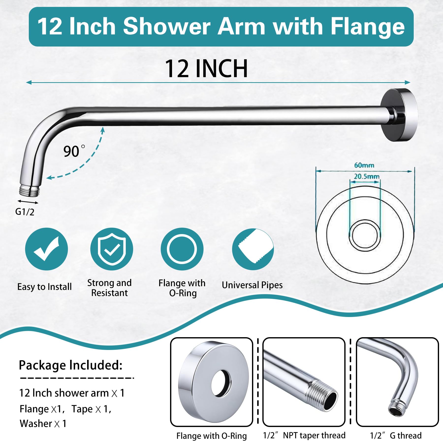 12 Inch Shower Arm with Flange,Stainless Steel 90 Degree Rain Shower Head Extension Arm,Wall-Mounted Shower Head Arm for Fixed Shower Head,Chrome