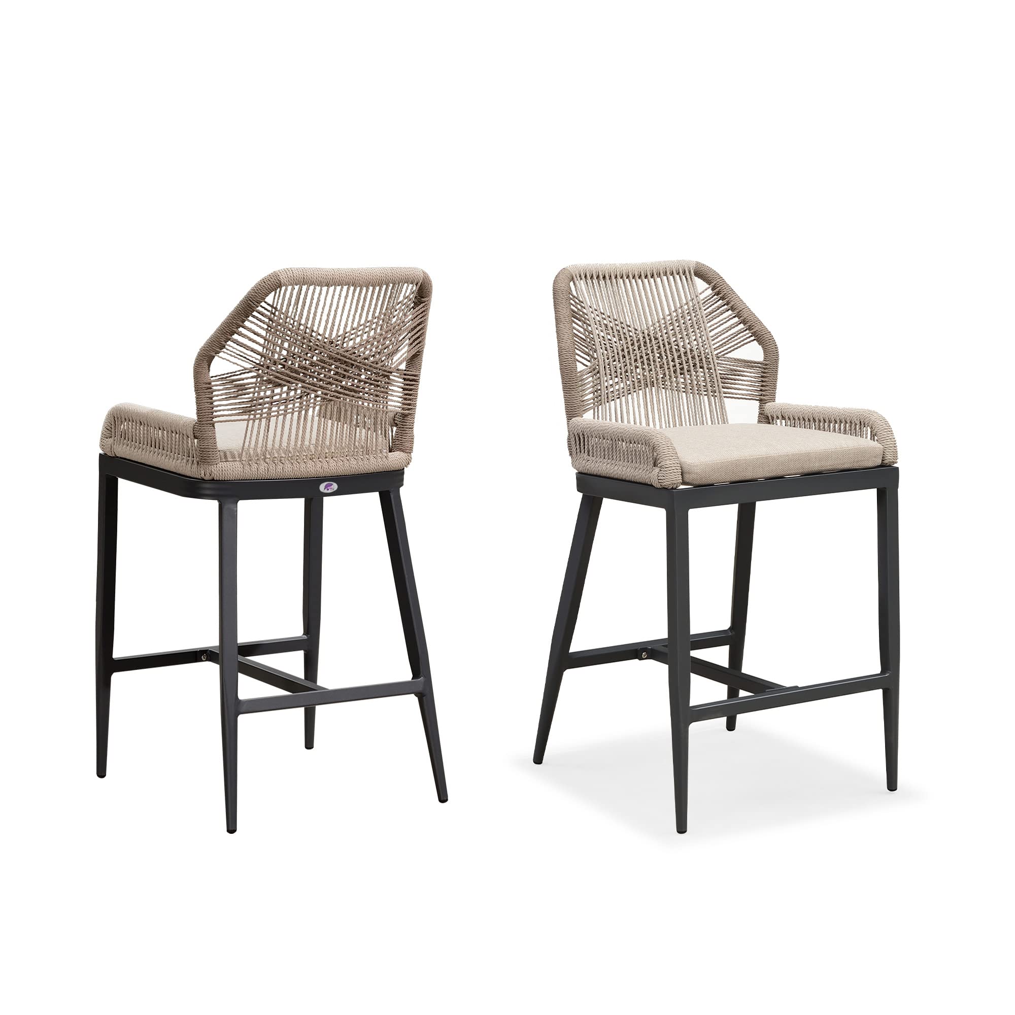 PURPLE LEAF Counter Height Bar Stools Set of 2 Rattan Wicker Outdoor Metal Boho Barstools with Back and Footrest Patio Garden Balcony Pool Bar Chairs