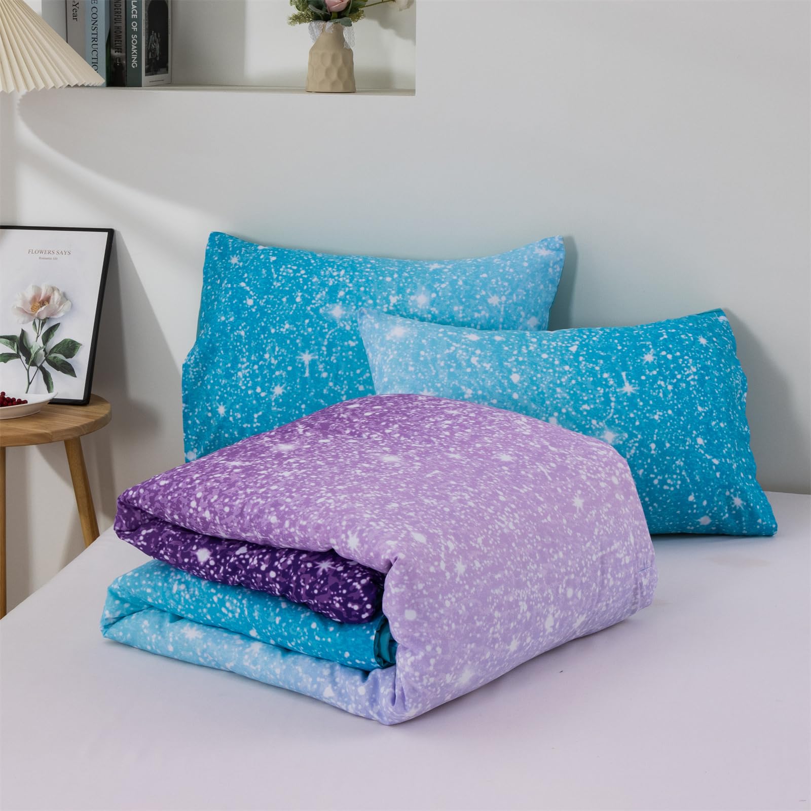 Holawakaka Kids Space Star Glitter Comforter Set Queen Size Girls Ombre Blue & Purple Print Gradient Teens Bedding Set Teens Galaxy Bed Sets (Blue purple, Full)