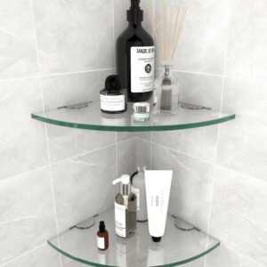 FesGif 2 Pack Glass Corner Shelf for Bathroom Shower Caddy Basket Shelf Shampoo Holder Storage Organizer No Drilling Adhesive Wall Mounted Bathroom Shelf Floating Extra Thick Tempered Glass Shelves