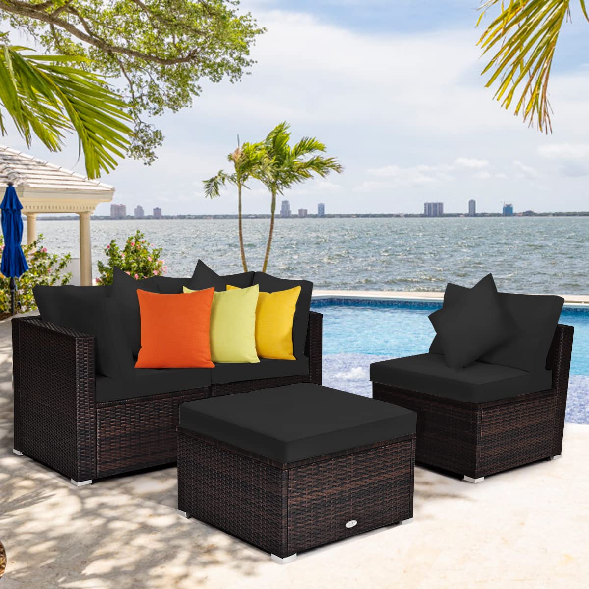 Tangkula 4 PCS Patio Rattan Sofa Set, Outdoor Wicker Sectional Furniture Set, Patio Conversation Set with Removable Cushions & Pillows for Backyard Porch Garden Poolside Balcony (Black)