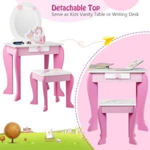 MAT EXPERT Kids Vanity Set with Stool & Mirror, Toddler Girls Pretend Play Vanity w/Detachable Mirror, Princess Dressing Makeup Table Set w/Drawer, Makeup Table and Stool Playset for Girls (Pink)