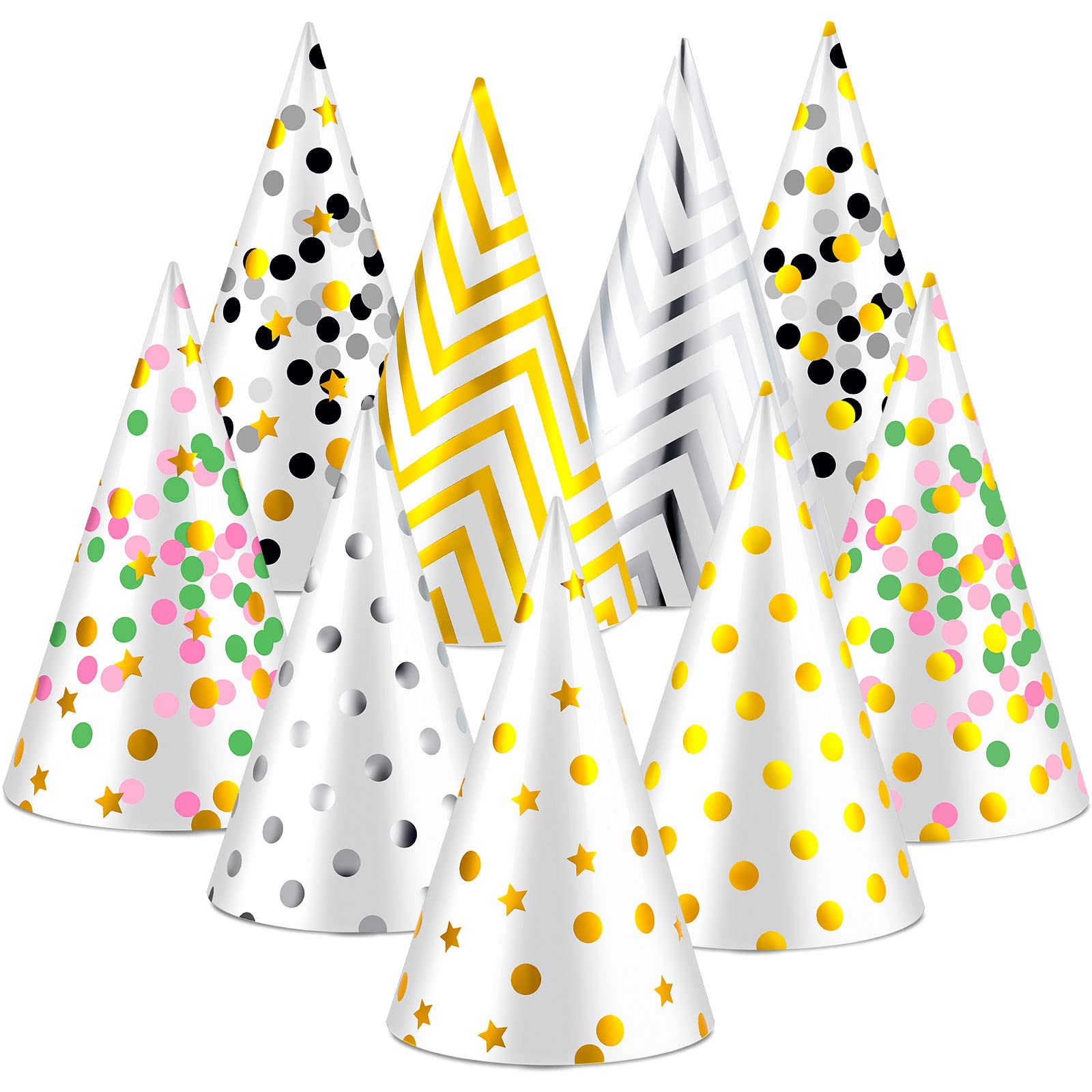 Assorted Paper Party Hats 20 Pcs - Cone Hats for Kids, Birthday, Baby Shower, Jamboree, Photo Props, 9 Designs