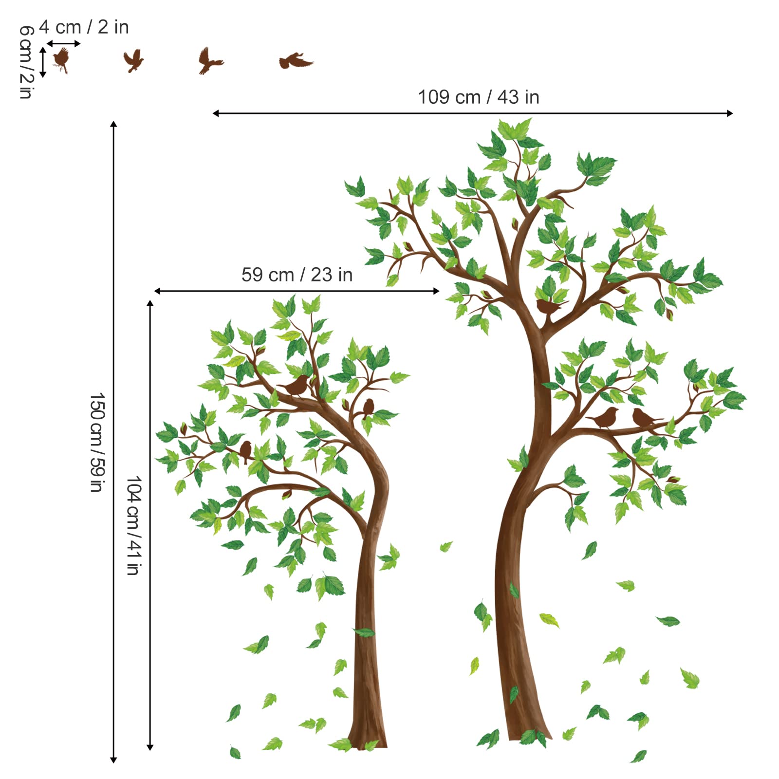 decalmile Green Tree Wall Stickers Flying Leaves Birds Wall Decals Bedroom Living Room Sofa TV Background Wall Decor