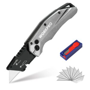 workpro folding utility knife, heavy duty metal, quick open axis lock box cutter, quick change blade razor knife, 1pc with 10 extra sk5 blades